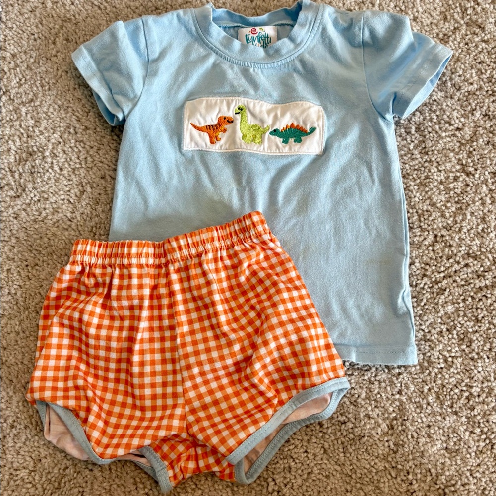 Blue Dinosaur T-Shirt and Orange Checkered Shorts Set